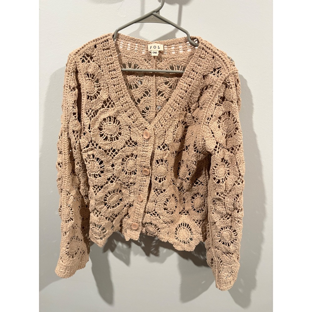 POL Crochet Floral Medallion Cardigan Tan Beige V-Neck Button Front One Size